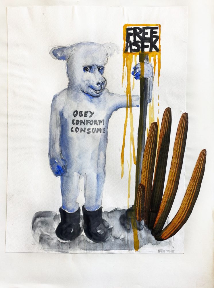 Drawing of a blue figure with “OBEY CONFORM CONSUME” on their body, standing beside elongated brown forms and a sign.
