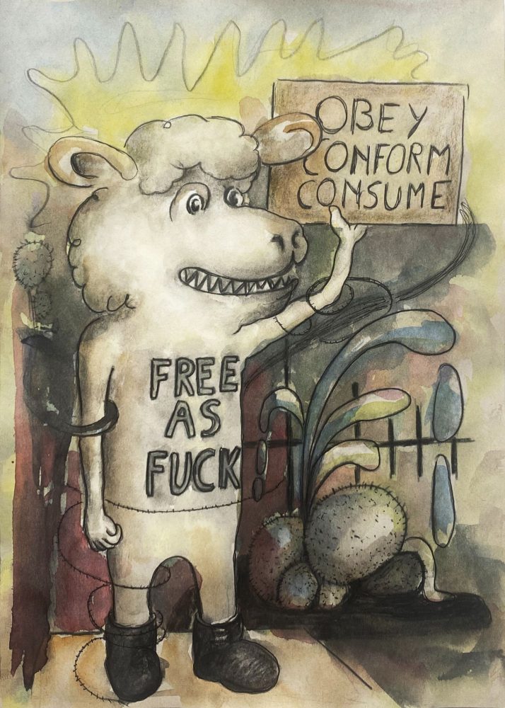 Drawing of an animal-like figure with the words FREE AS FCK on the body