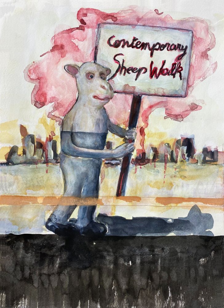 Drawing of a sheep-human figure carrying a sign and walking through a landscape beneath a pink cloud.