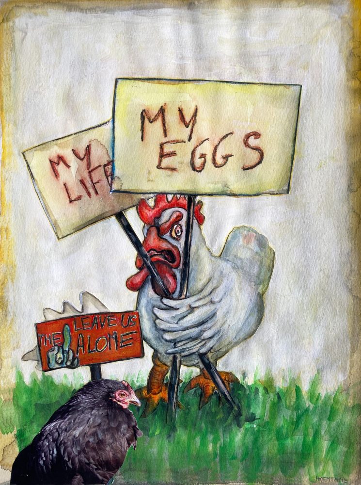 Drawing of a bird holding two signs reading “MY LIFE” and “MY EGGS”, standing in a landscape.