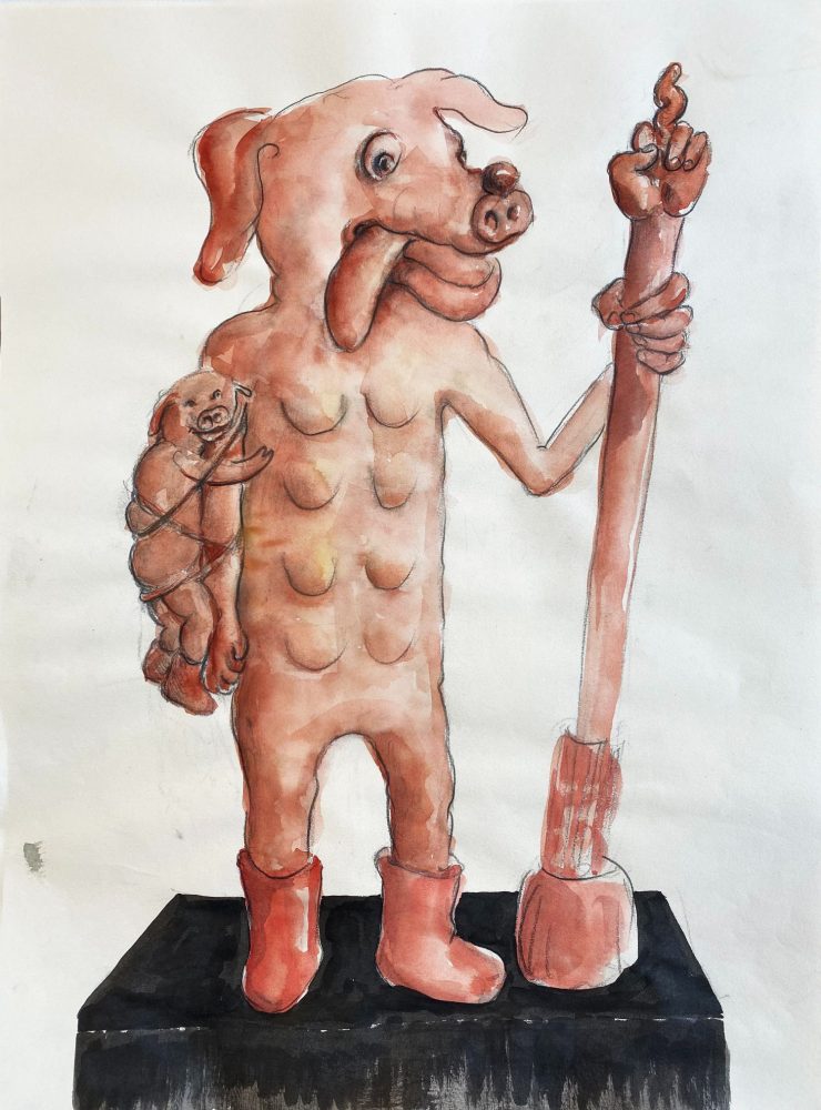 Watercolour of a female pig figure with a baby bound to her arm, holding a stick topped by a raised middle finger shaped like a pig’s tail.