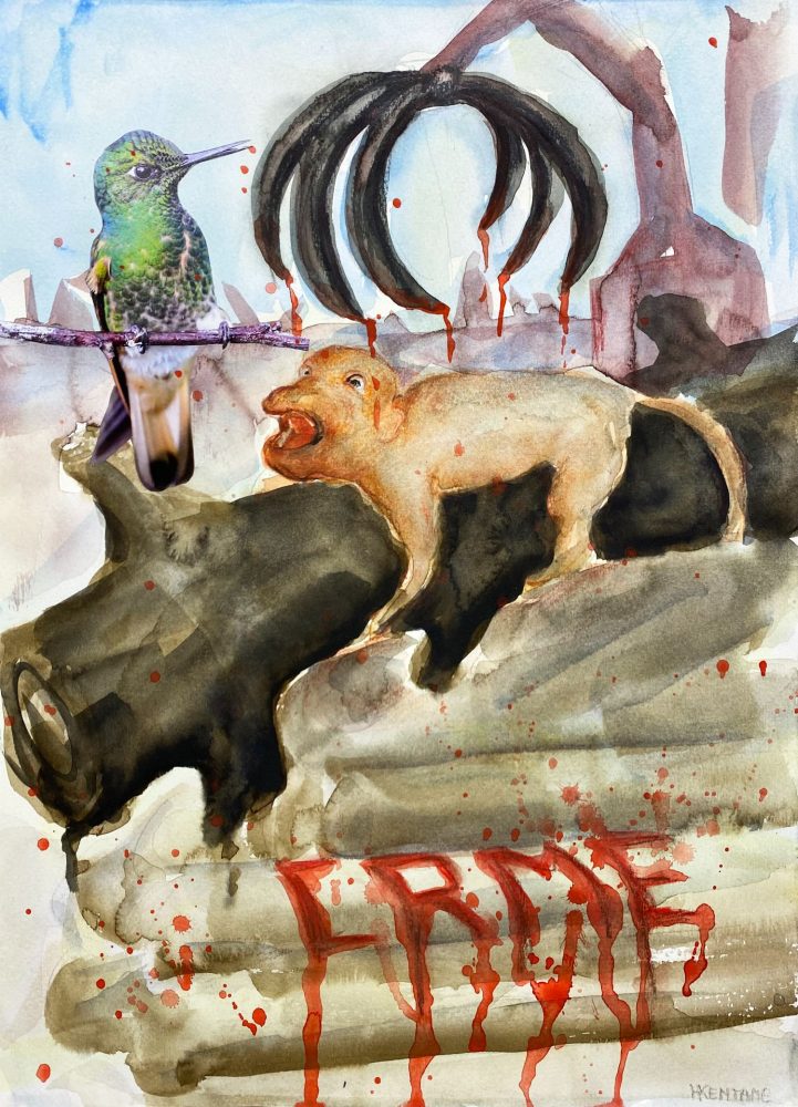 Watercolour of an ape-like figure clinging to a tree trunk among felled trees, with a grapple crane above and a hummingbird looking on.