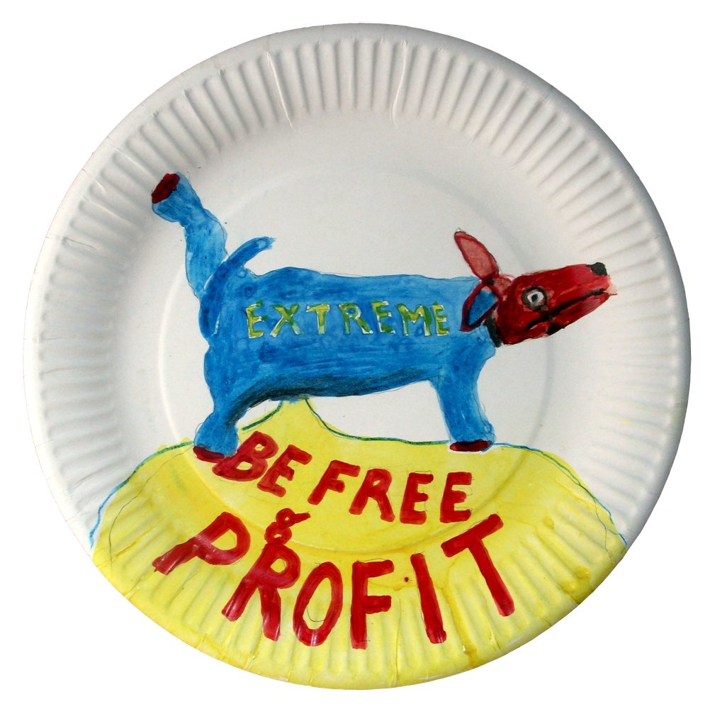 Watercolour of a blue and red dog with the words “Extreme” and “Be Free & Profit” on a paper plate.