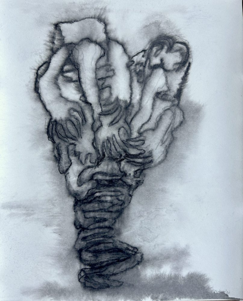 Detail view at Galerie Daeppen, Basel, of a watercolor drawing depicting intertwined figures.