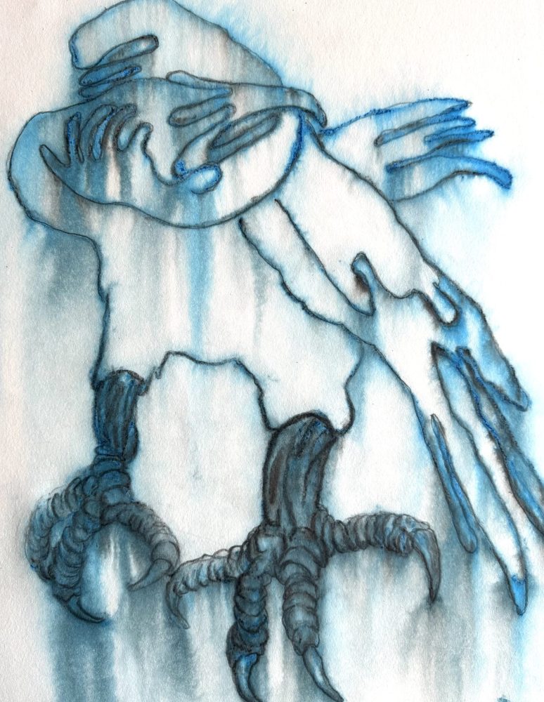 Detail view at Galerie Daeppen, Basel, of a watercolor drawing depicting intertwined figures.