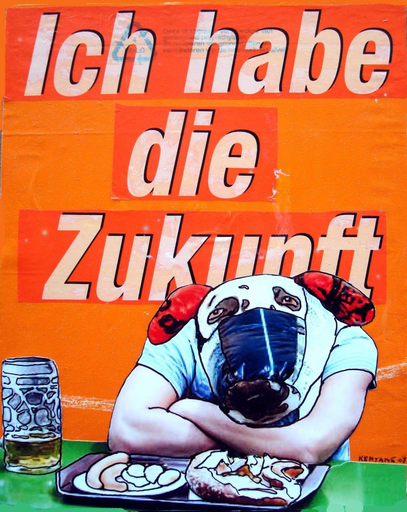 Collage with a seated figure and the German text “Ich habe die Zukunft.”