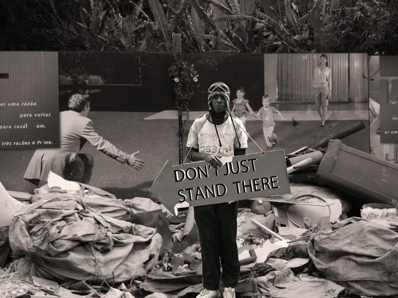 Black-and-white digital assemblage of a figure holding a sign reading “DON’T JUST STAND THERE”.