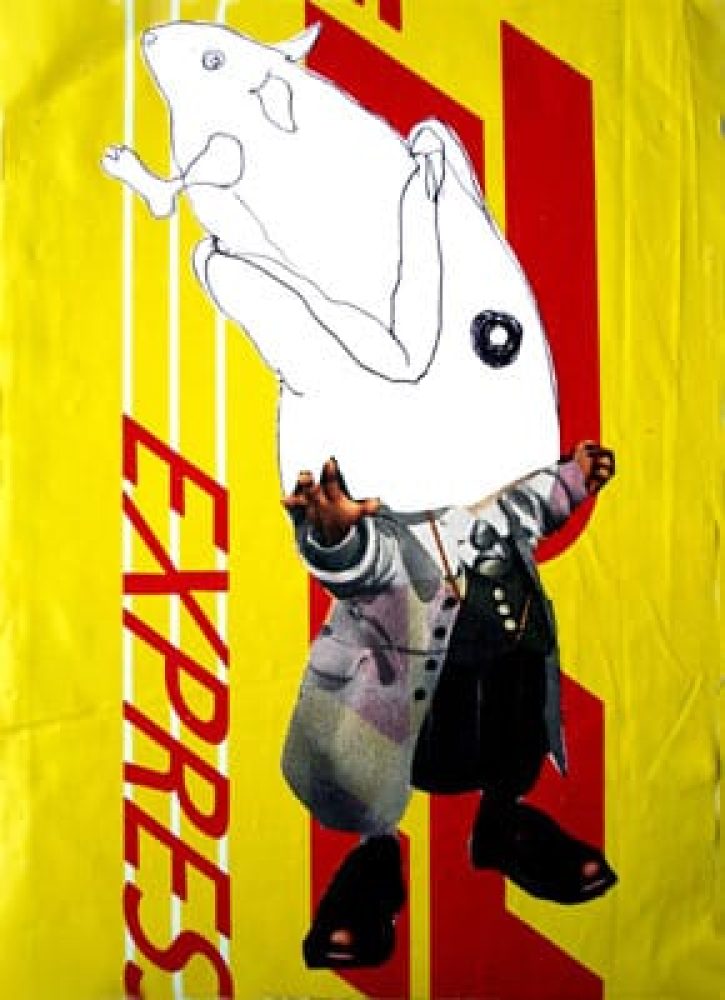 Collage featuring a white animal-like figure against a yellow and red graphic background with the word “EXPRESS.”