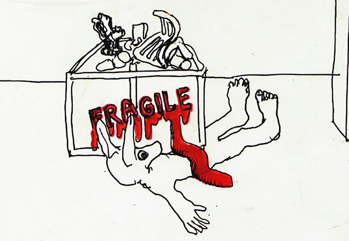Alt Text Ink drawing of figure and a crate marked FRAGILE in red.