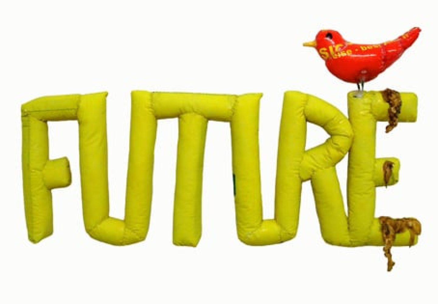 Wall-mounted painted plastic work spelling “FUTURE”, with a small bird defecating on the word.