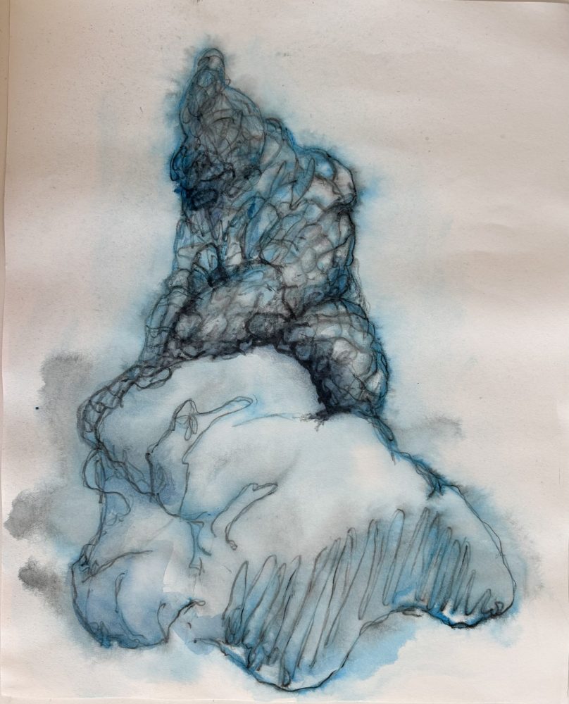 Detail view at Galerie Daeppen, Basel, of a watercolor drawing depicting a seated, intertwined figure.