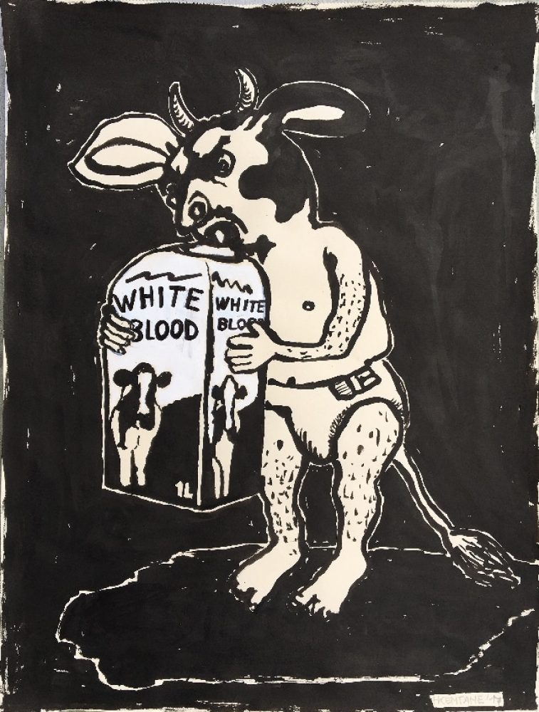 Drawing of a human-like figure with a calf’s head wearing a diaper and drinking milk from a commercial carton labelled “White Blood”.