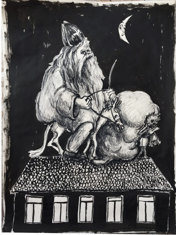 Drawing of Sinterklaas riding a thin horse while Zwarte Piet drags a heavy sack across a rooftop at night.