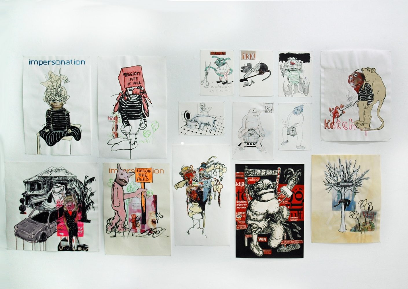 Installation view of Platonic Ideals & Hot Ketchup, with red and white sculptural figures and objects.