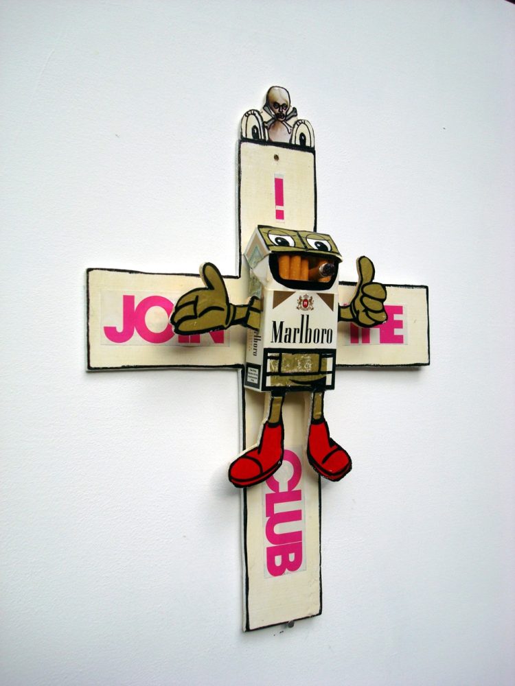 Cross-shaped figure incorporating a cigarette pack into its body, with small objects and text elements.