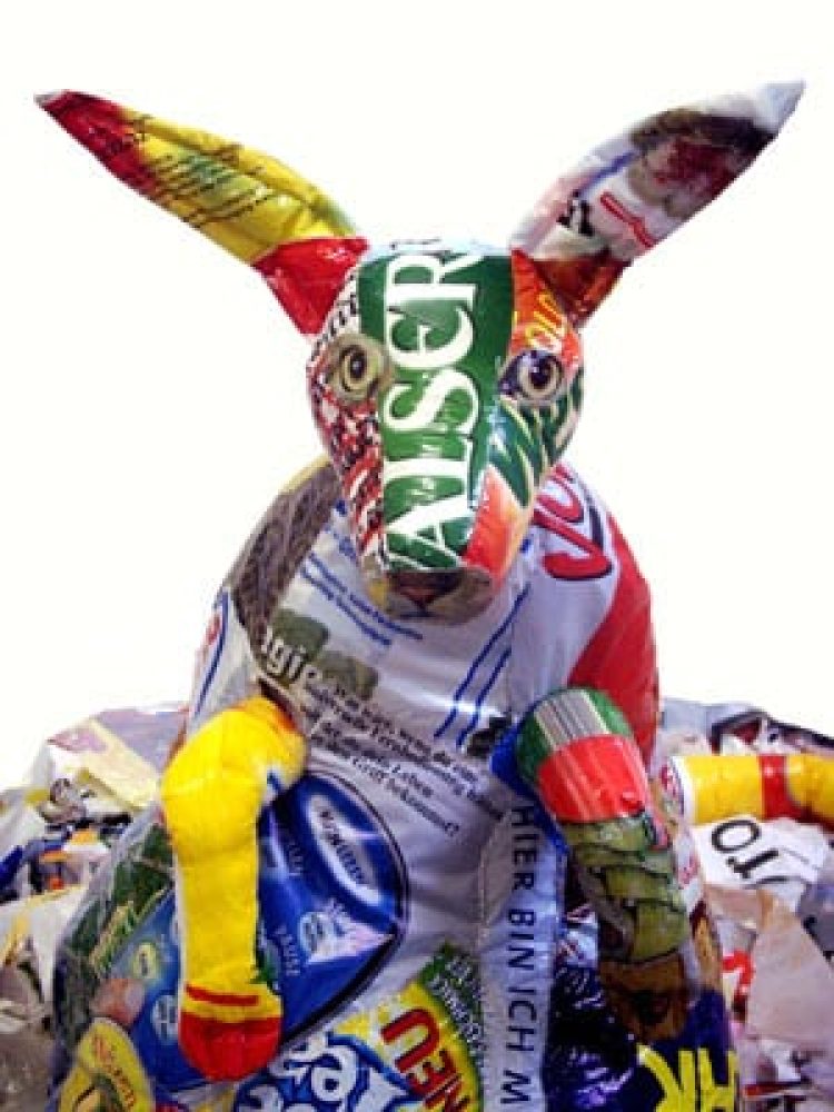 Detail of a colourful kangaroo figure sewn from discarded plastic shopping bags.