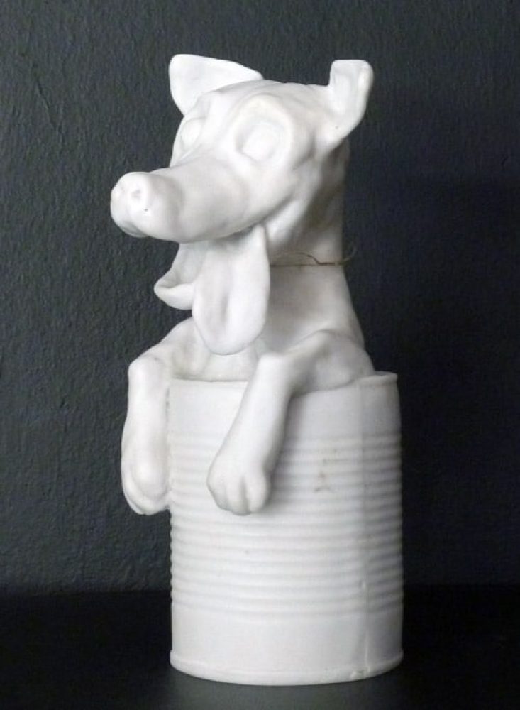 White 250DOGS dog sculpture, Model 1, standing upright.