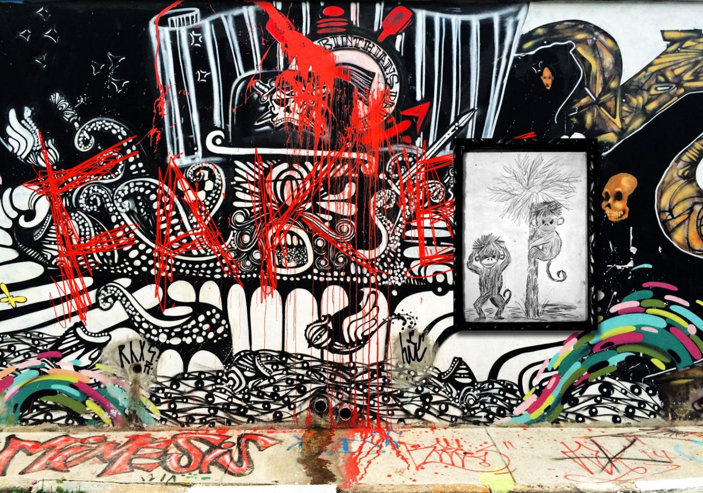 Zine spread combining São Paulo street graffiti, red interventions and a framed childhood drawing.