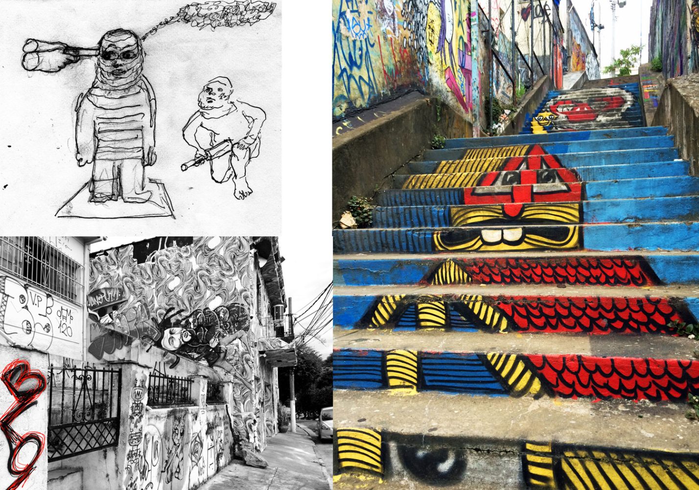Zine spread combining drawings and São Paulo street imagery, including a brightly painted staircase.