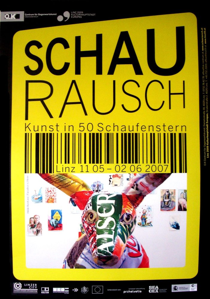 Yellow Schaurausch campaign poster featuring an image of Hilde Kentane’s work.