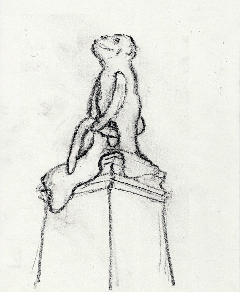 Drawing of a seated elongated figure on a pedestal.
