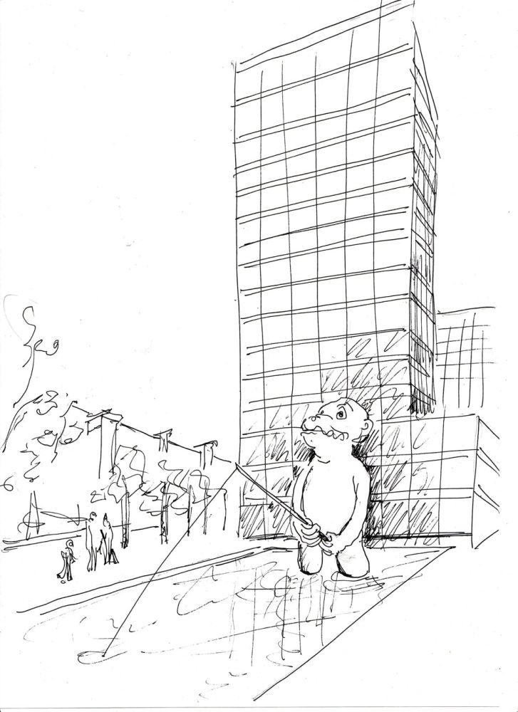 Drawing of a tall architectural structure with a small figure at its base.