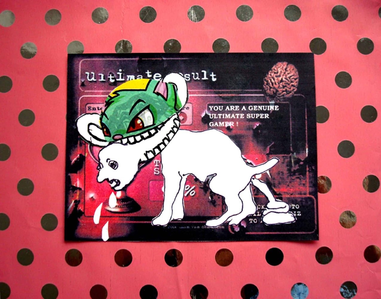 Collage featuring a white animal-like figure against a red background with black dots.