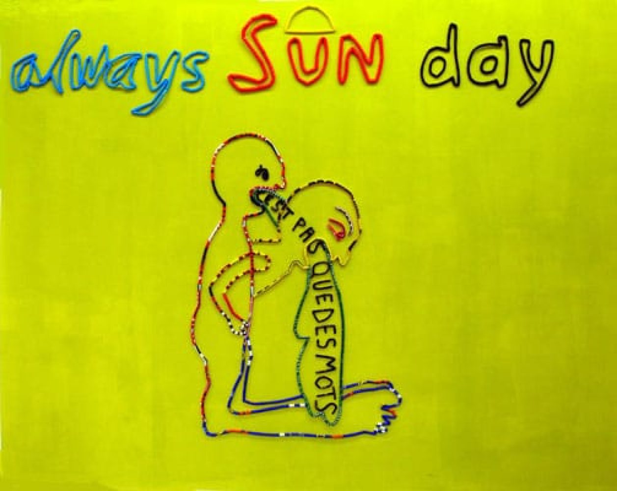 Yellow wall installation with the words “ALWAYS SUN DAY” and a figure formed from plastic-bag cord.