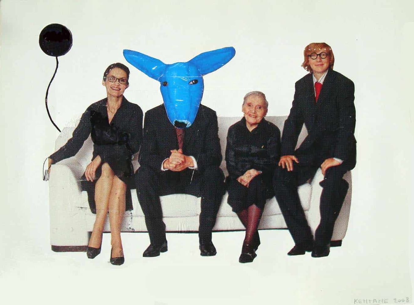Collage featuring seated figures with a large blue animal-like head.