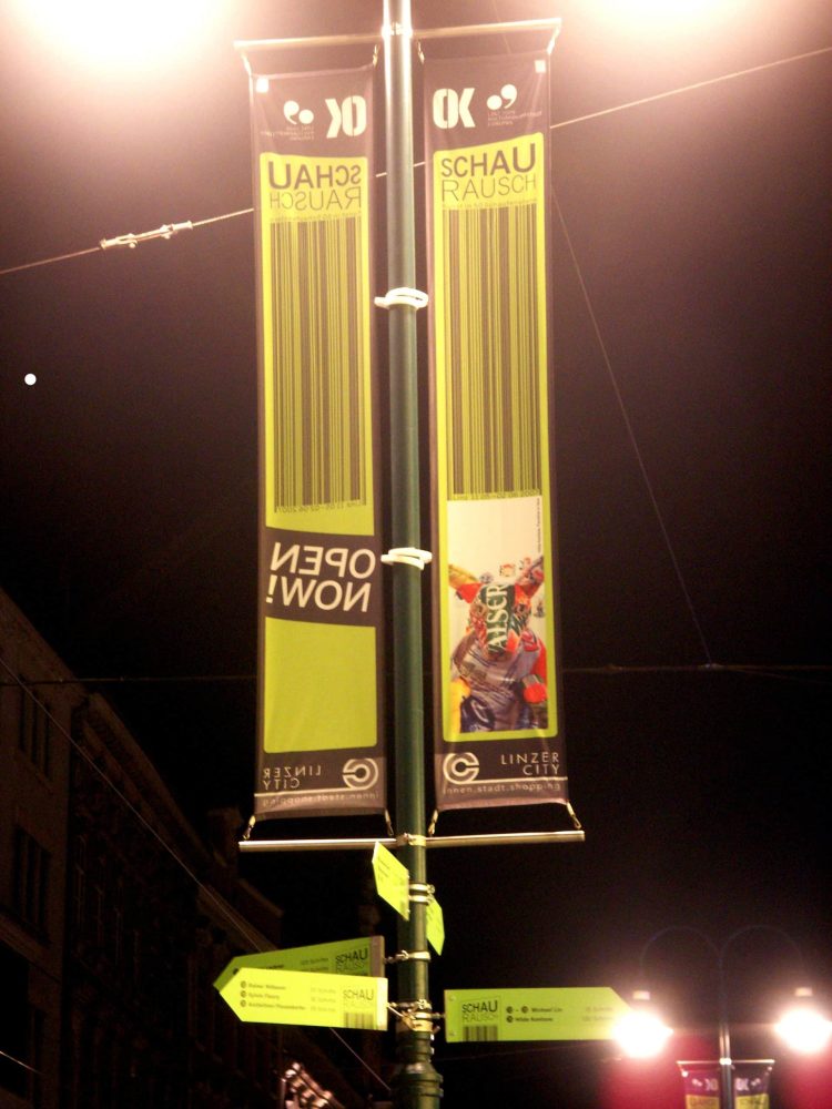 Large Schaurausch campaign banner featuring Hilde Kentane’s work displayed in a shopping street in Linz.