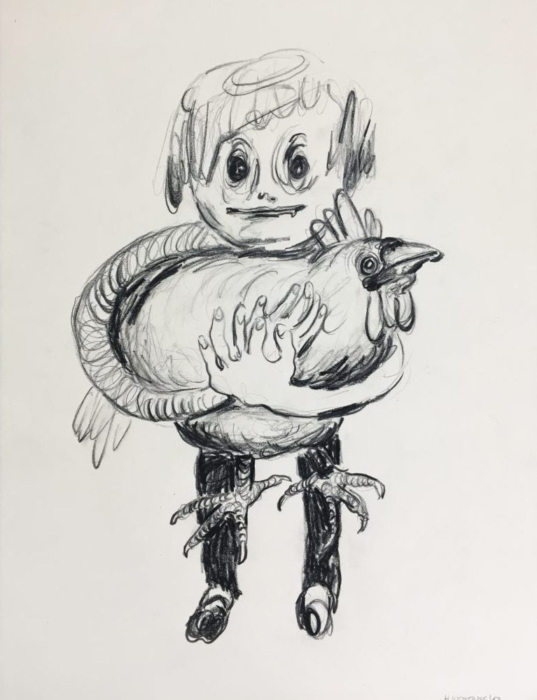 Drawing of a young girl holding a chicken in her arms.