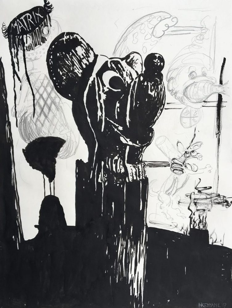 Black-and-white drawing of a Mickey Mouse-like figure surrounded by dark abstract forms.
