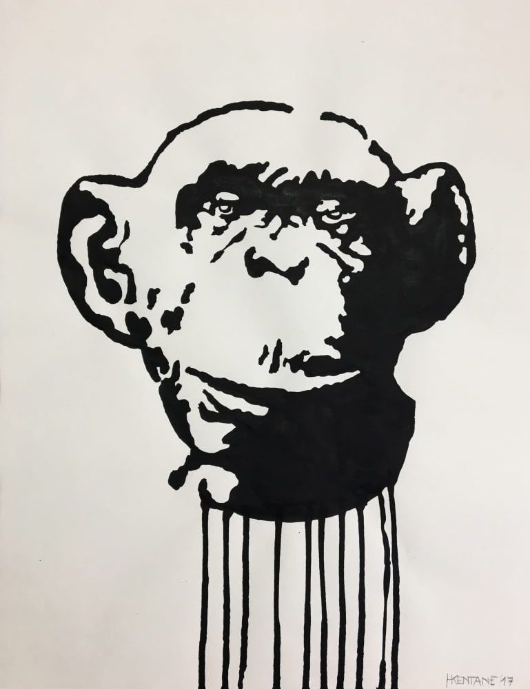 Chinese ink drawing of a chimpanzee head with black ink dripping downward.