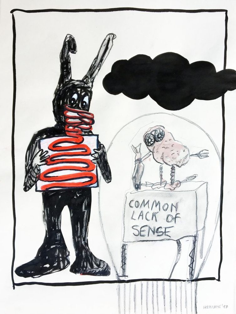 Drawing of a red-and-black striped human-like figure beside a text panel and dark cloud-like form.
