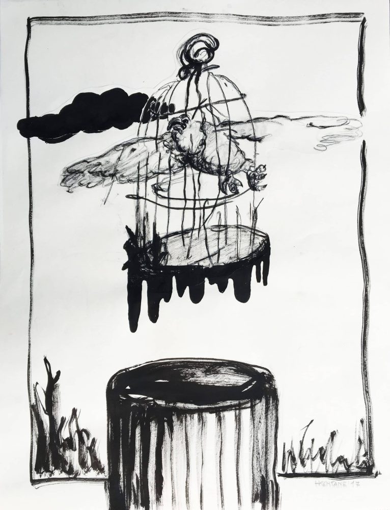 Drawing of a bird breaking free from a pedestal containing a cage.