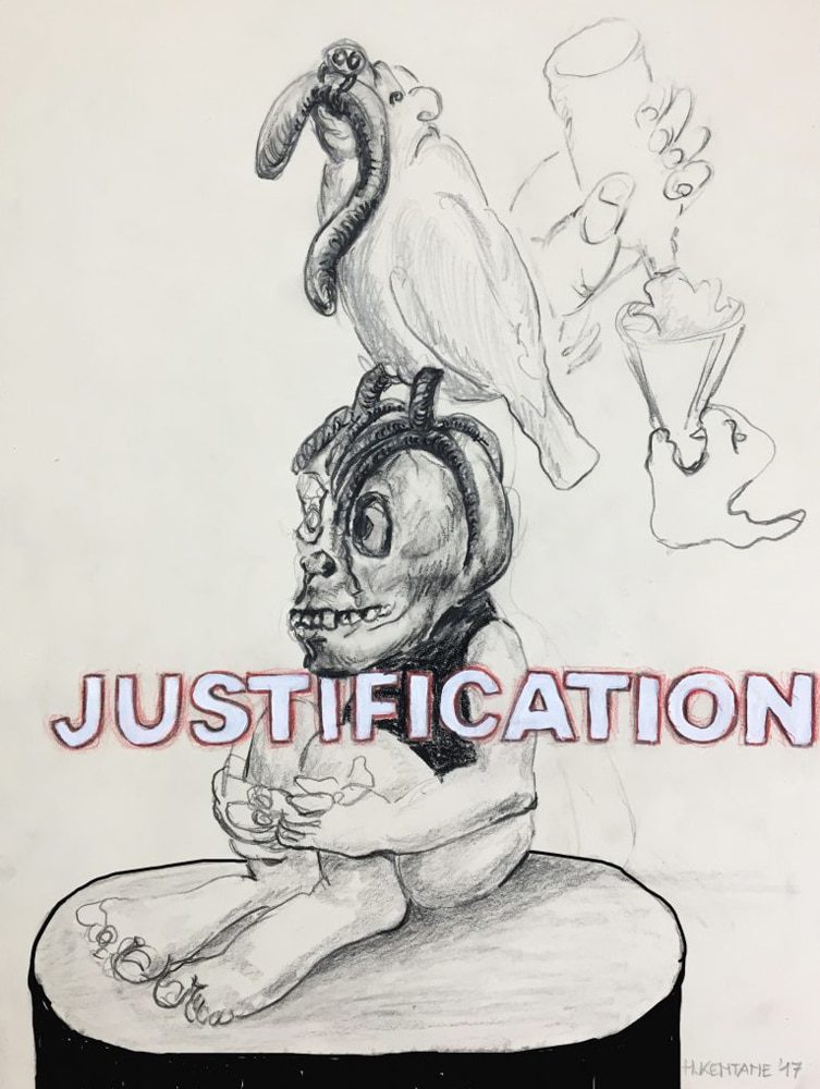 Drawing of a human-like figure with a skull head carrying a bird with a worm in its beak.