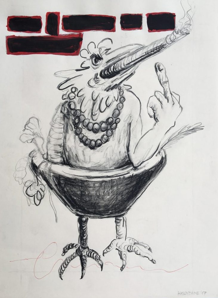 Drawing of a rooster-like figure in a bowl surrounded by ritual and superstition-related elements.