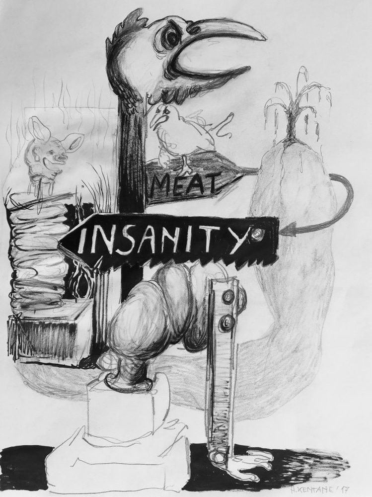 Drawing of an entangled hybrid figure with human and animal-like forms and the word “Insanity.”