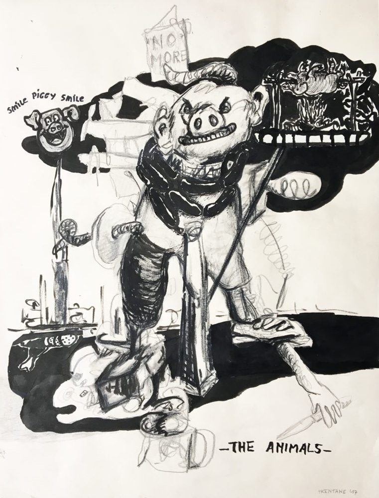 Drawing of pigs protesting with a sign reading “No More.”