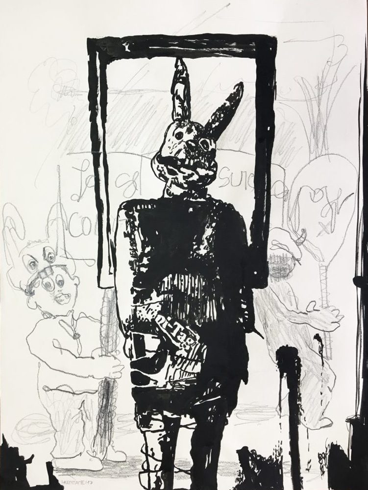 Drawing of a standing humanoid rabbit surrounded by smaller attendant figures.