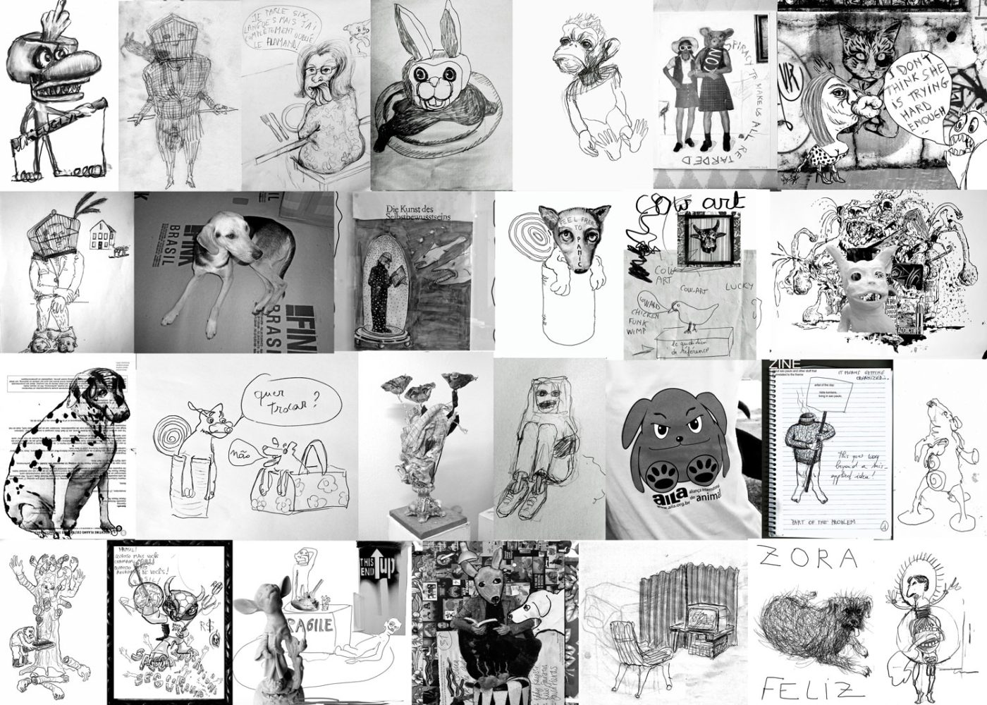 Zine spread with a collage of drawings (Thinking Cracks).