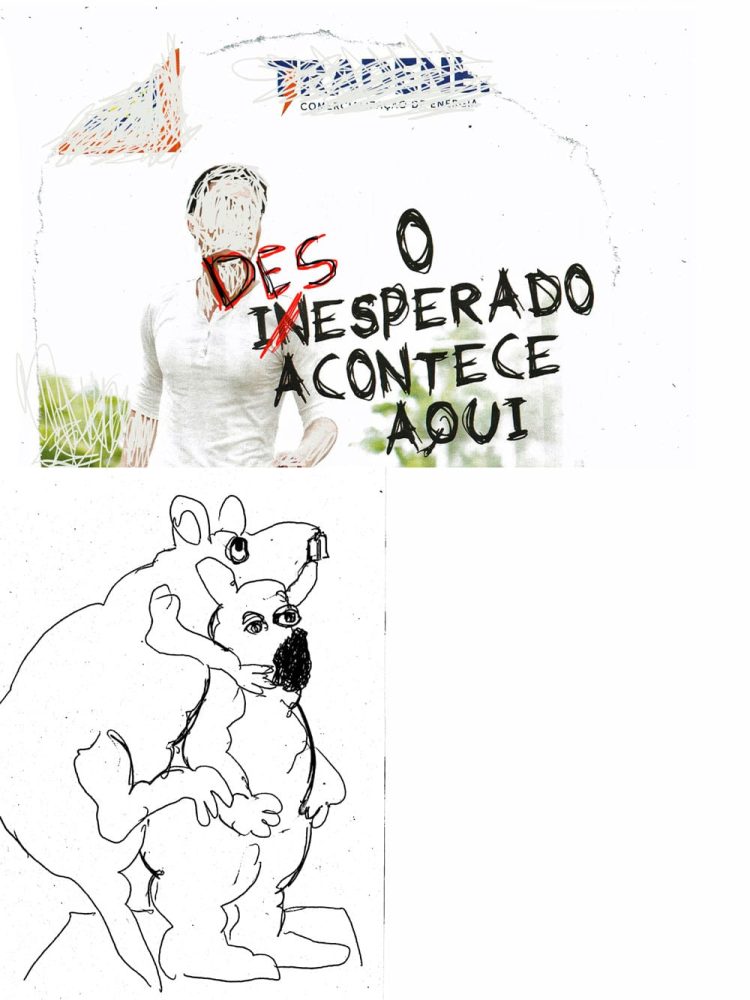 Zine page combining the text “O inesperado acontece aqui” with a drawing of two entwined figures.