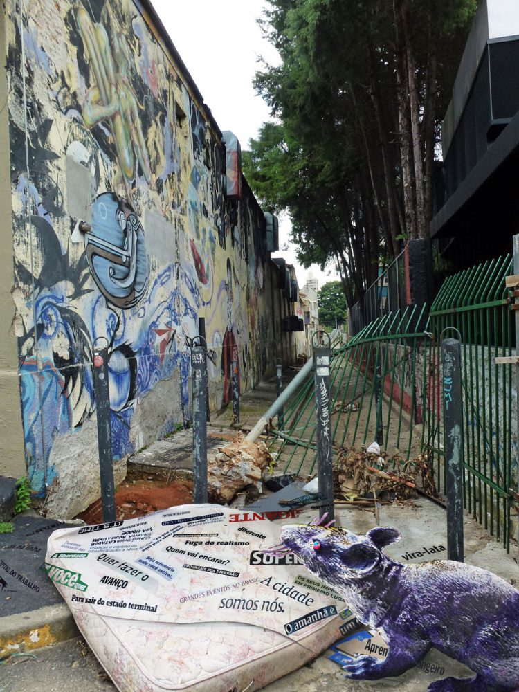Photomontage of a graffiti-covered São Paulo street with a rat beside a discarded mattress.