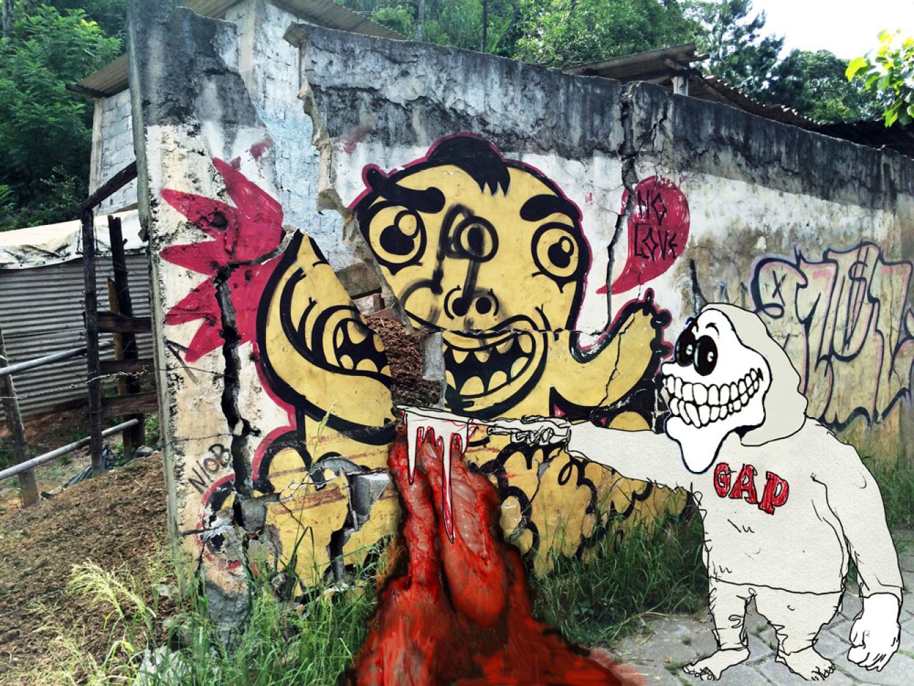 Photomontage of São Paulo graffiti with a drawn figure stabbing a wall with a knife, causing it to split open and bleed.