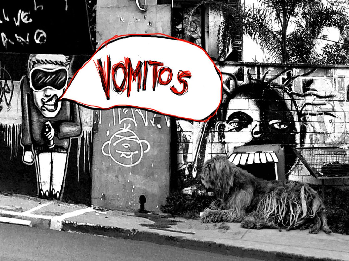 Photograph of a street dog in front of a graffiti-covered wall in São Paulo, with the word “VOMITOS” added in a speech bubble.