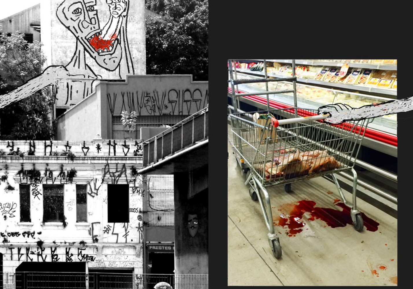 Zine spread connecting São Paulo graffiti to a supermarket scene through a drawn arm, with red interventions echoed by blood beneath a shopping cart.
