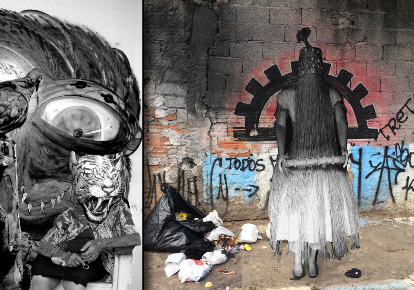 Zine spread combining a black-and-white photomontage with a photographed ritual figure against a graffiti-covered wall in Brazil.
