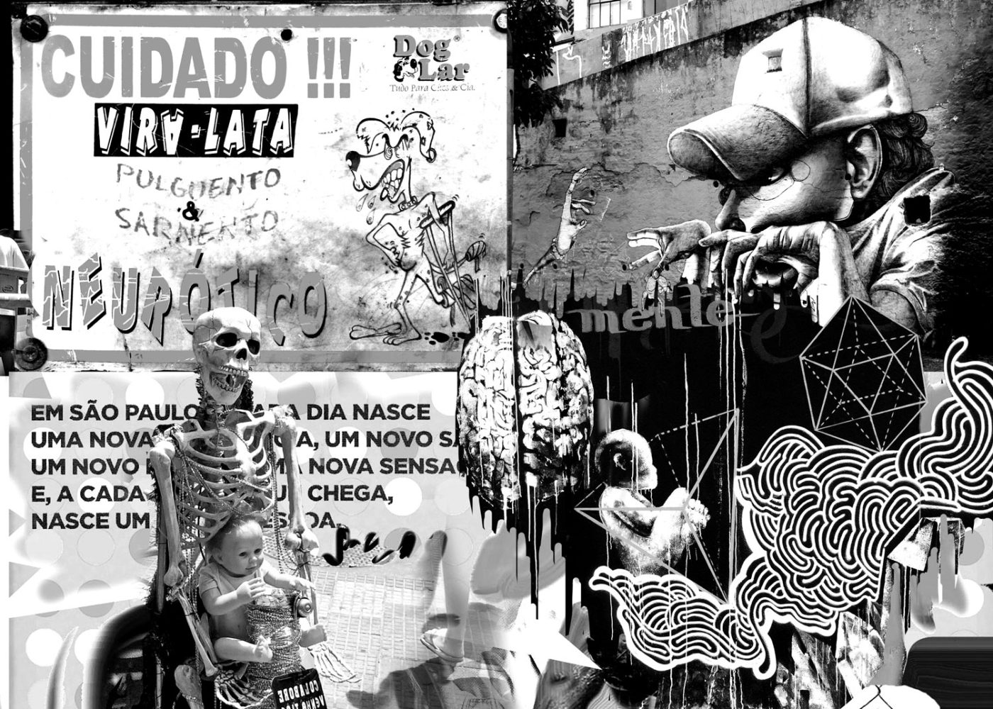Black-and-white zine spread combining São Paulo street graffiti, signage, a skeleton holding a doll and other found urban imagery