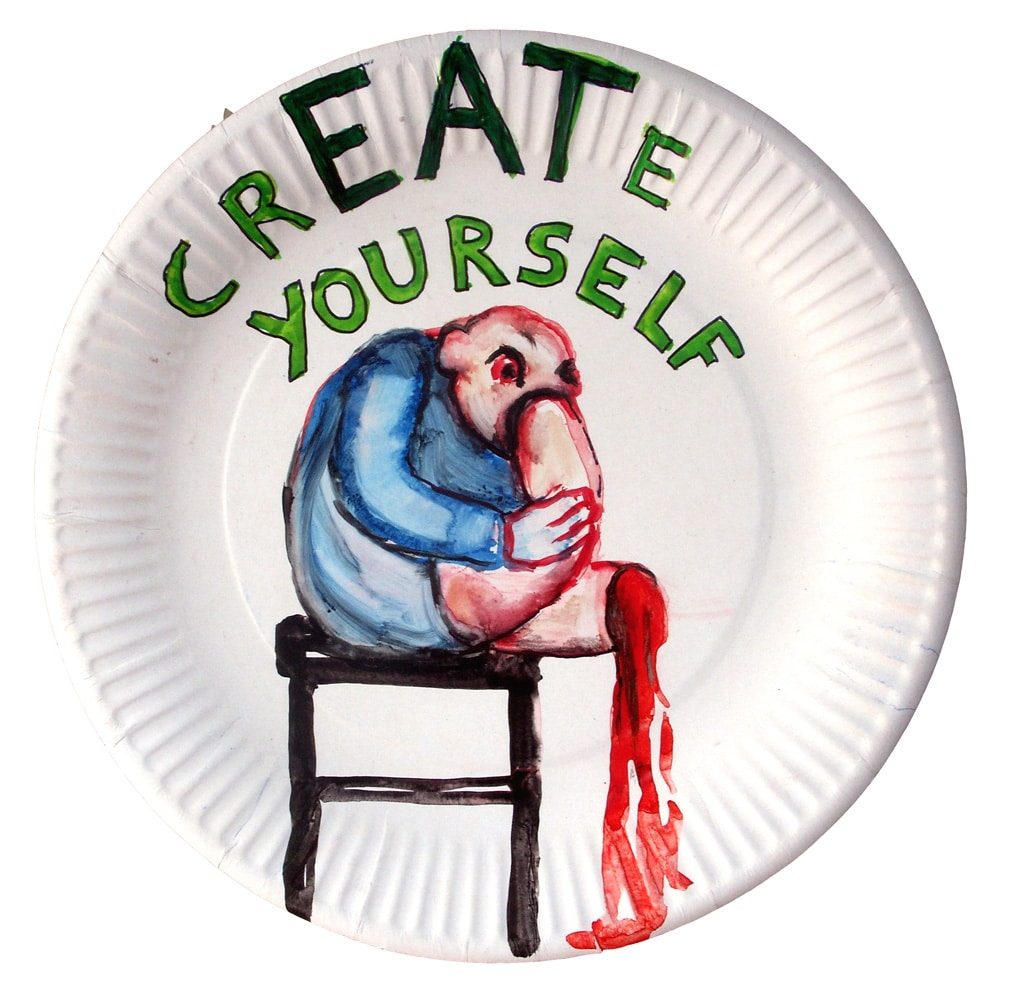 Watercolour of a seated figure with the words “Create Yourself” on a paper plate.