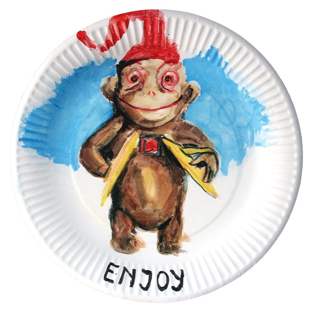 Watercolour of a colourful figure with the word “Enjoy” on a paper plate.